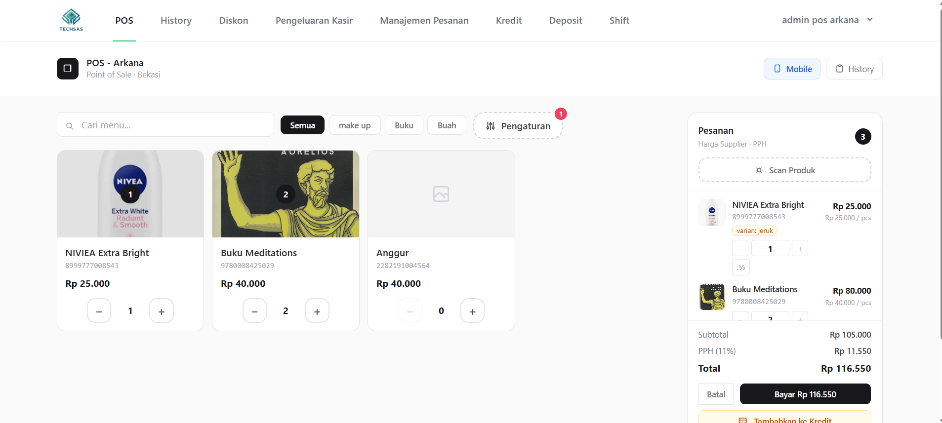 Tampilan dashboard aplikasi Techsas